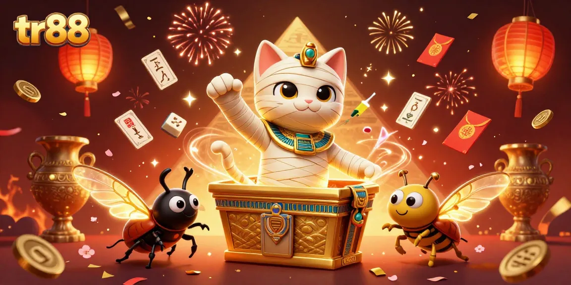 Experience thrilling gaming at tr88 with an Egyptian mummy cat and rich casino elements.