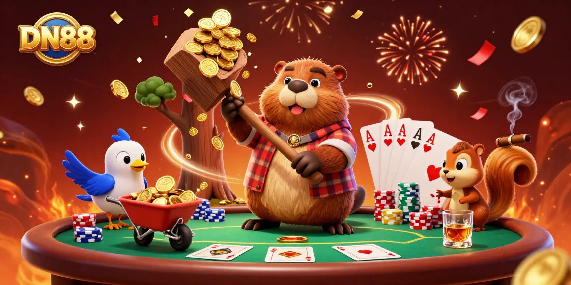 Experience exciting gambling with DN88 as a beaver and friends collect golden coins in a vibrant casino scene.