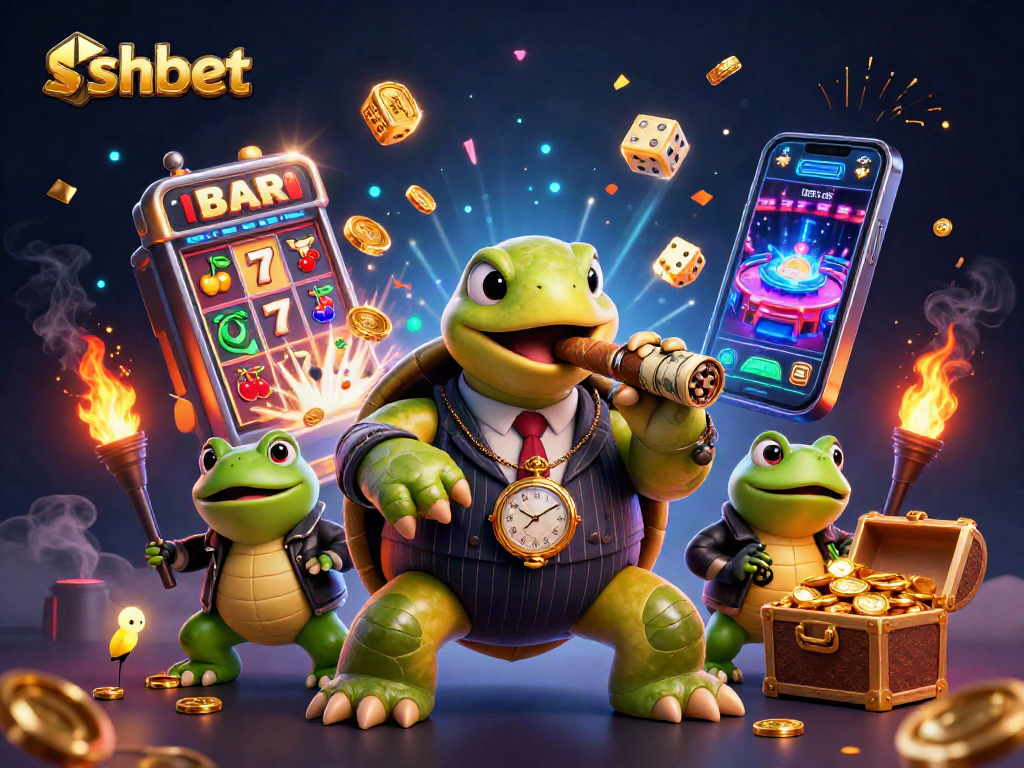 Experience shbet with a lively 3D casino scene highlighting a snapping turtle in a mobster suit amidst vibrant jackpot action.