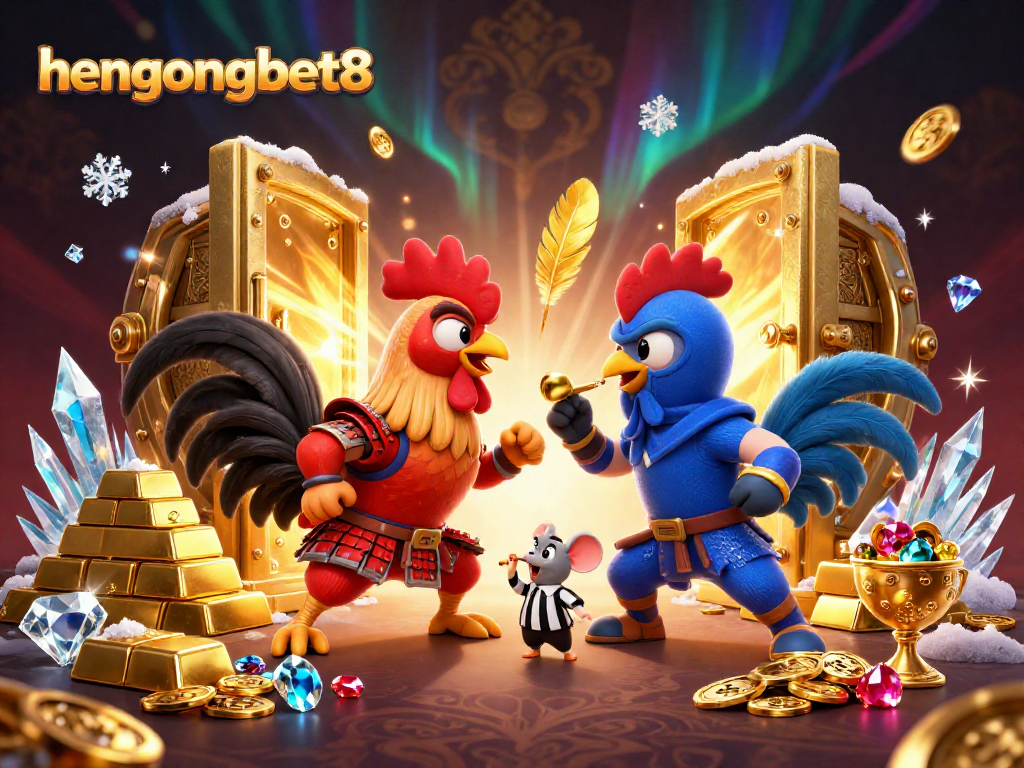 Experience thrilling action at hengongbet8 with dynamic fighting roosters amidst a treasure-filled casino scene.