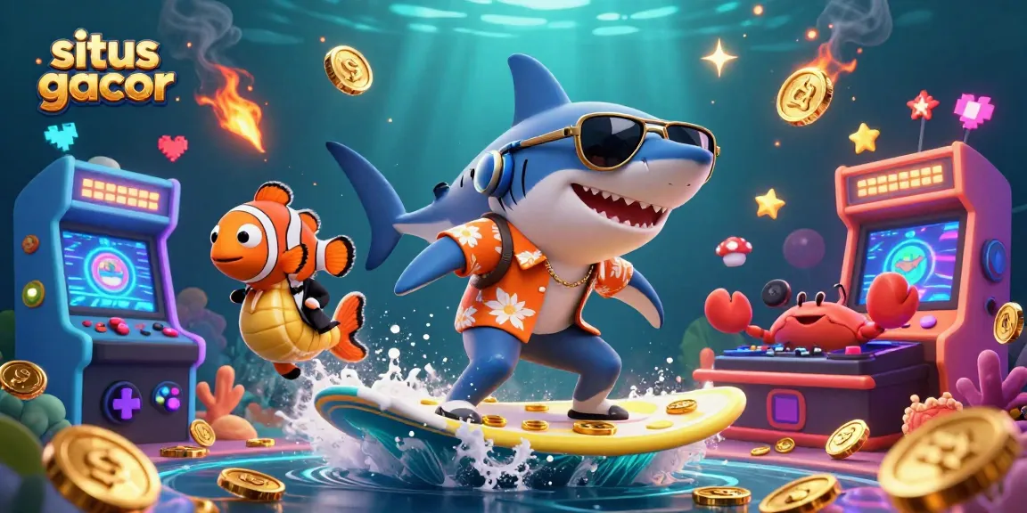 Experience a vibrant gaming adventure with situs gacor, featuring a hammer-head shark surfing gold coins amidst dynamic casino elements.