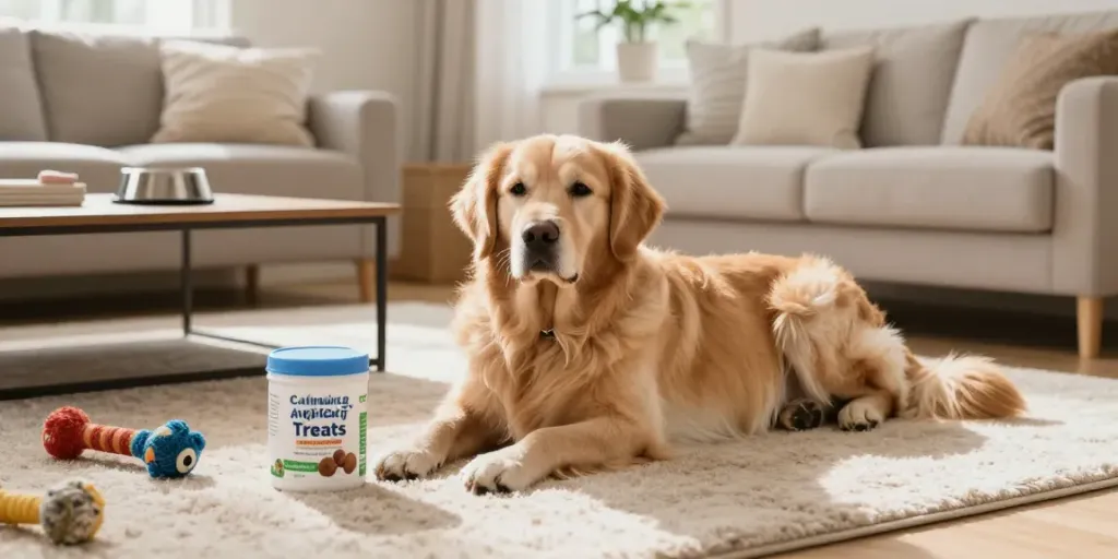 Calming Dog Treats supportive scene with a relaxed dog in a cozy living room.