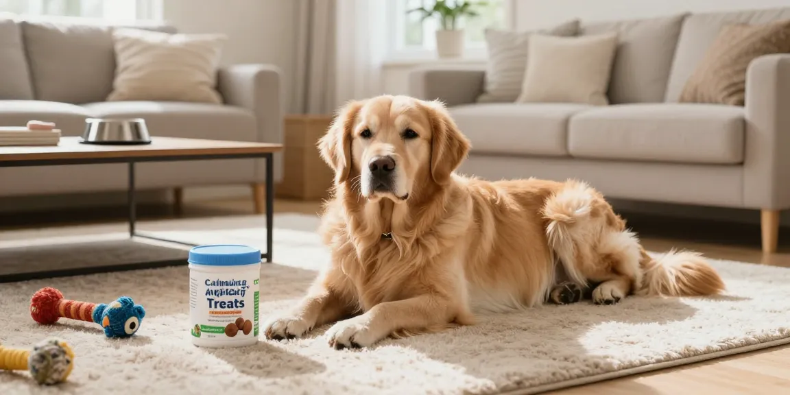 Calming Dog Treats supportive scene with a relaxed dog in a cozy living room.