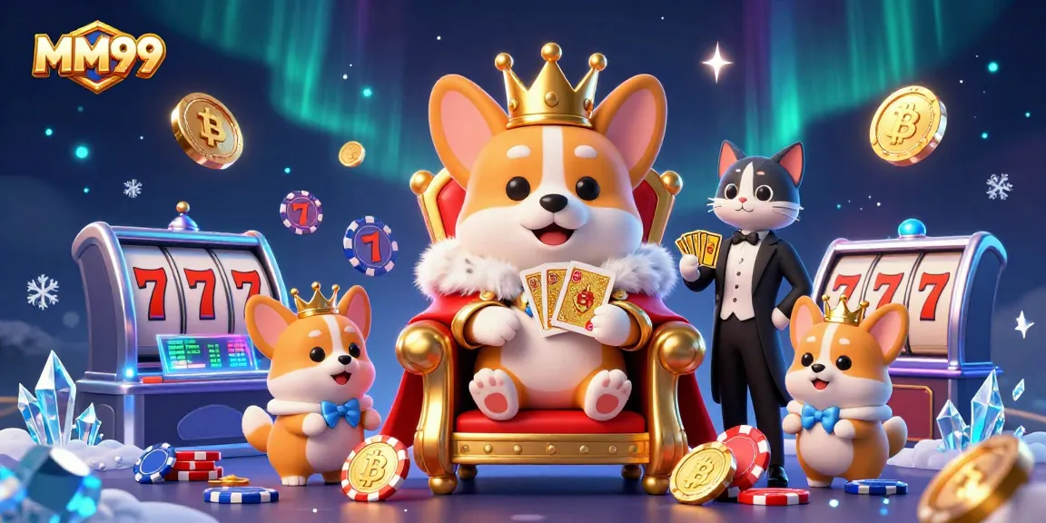 Win big at MM99 with a royal corgi dazzling among gambling riches in a vibrant casino scene.