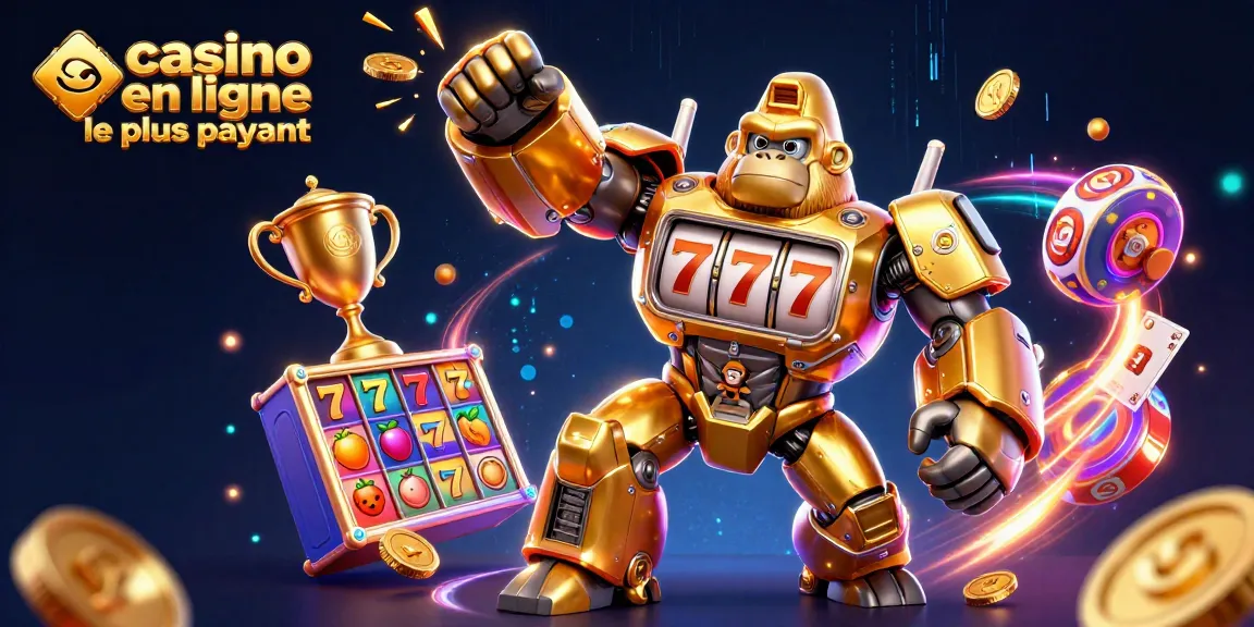 Participez à l'aventure casino en ligne le plus payant avec une illustration dynamique montrant un gorille mécanique et des éléments de jeux de casino.