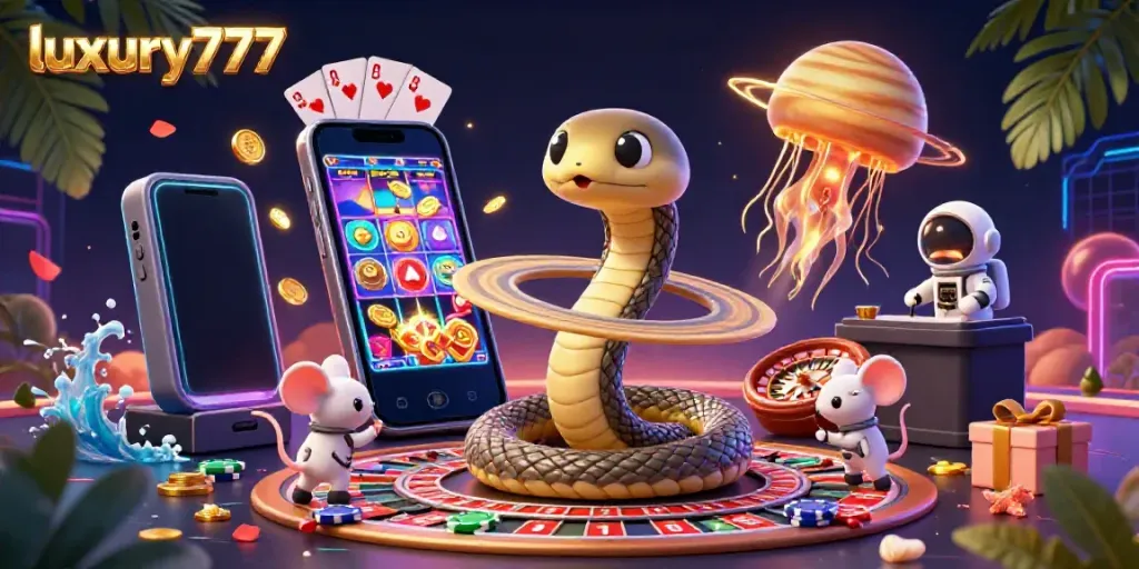 Action-packed scene of luxury777 gaming with a cartoon Saturn snake, astronaut mice, and cosmic dealer.