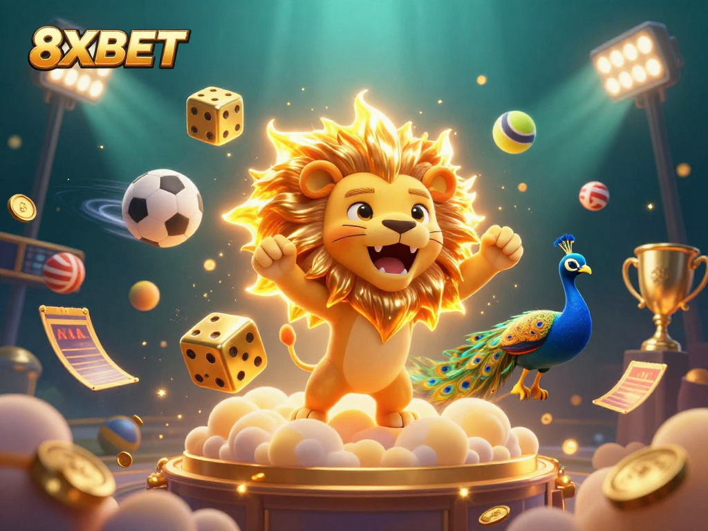 Bet on your luck with 8XBET in this vibrant 3D casino scene featuring sports balls and golden dice.