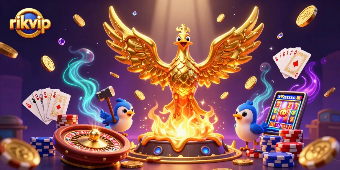 Join the excitement at rikvip with a golden phoenix bringing fortune in a vibrant casino adventure.