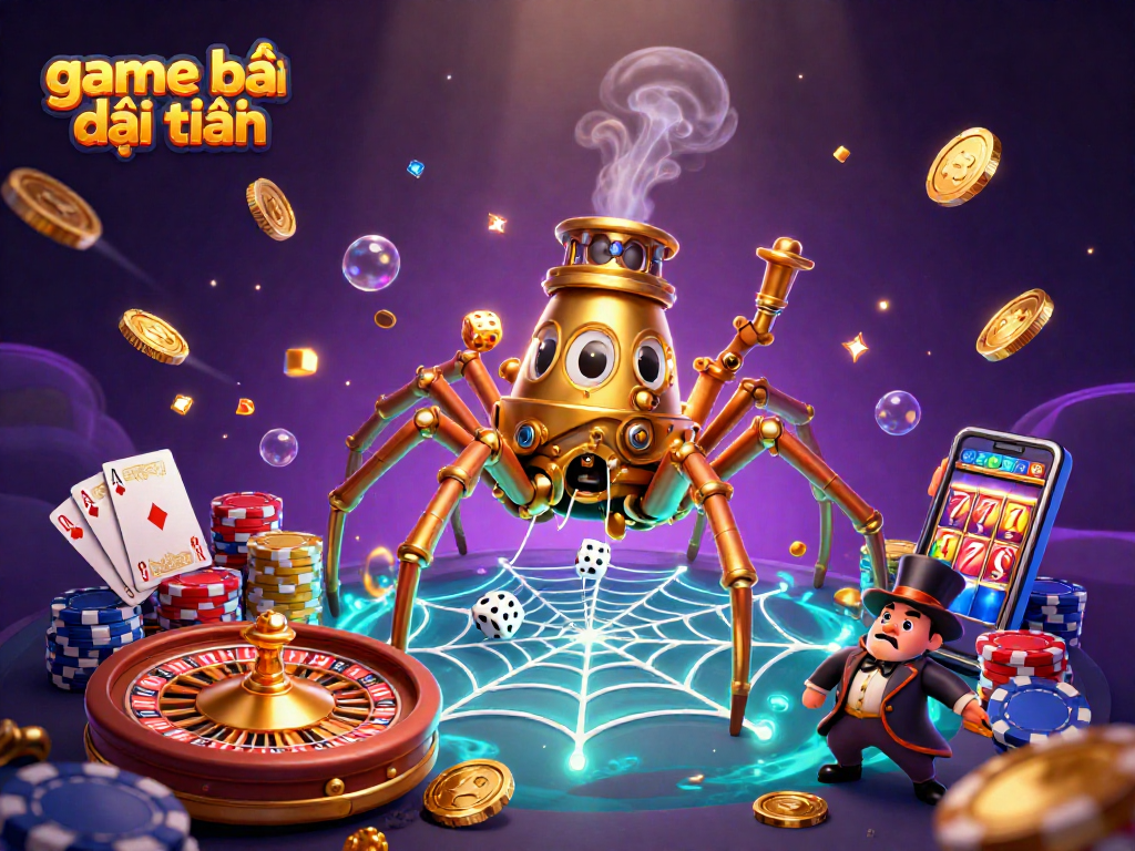 Experience game bài đổi thưởng with a steampunk spider capturing unlucky dice amidst vibrant casino elements.