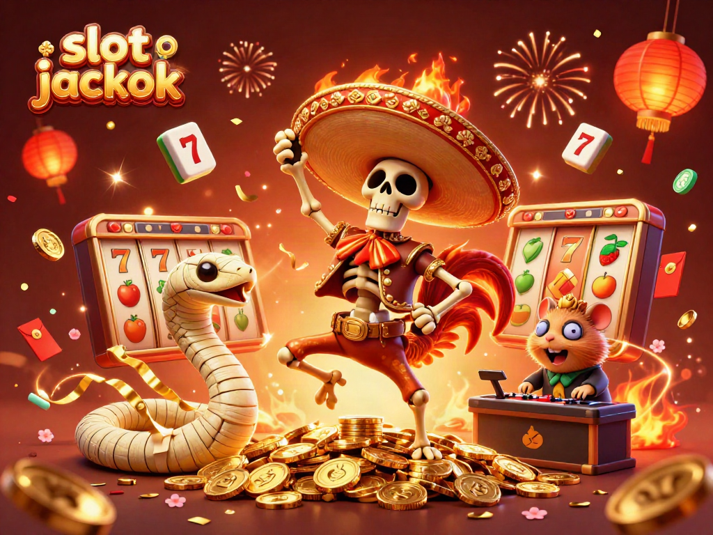 Spin to win big with slot jackpot in a lively 3D casino scene with festive characters.