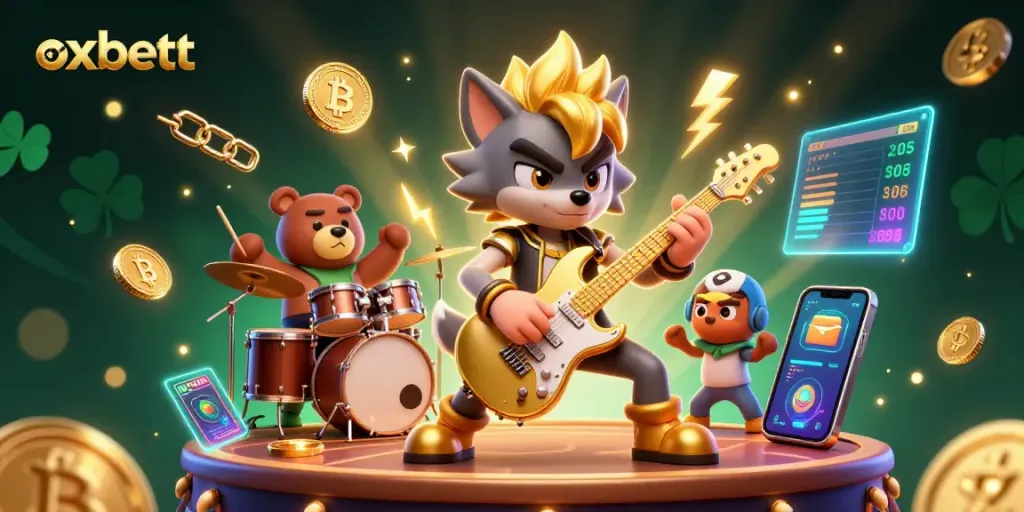 Experience thrilling gaming with Oxbett's vibrant casino scene featuring rock star wolf and drummer bear.