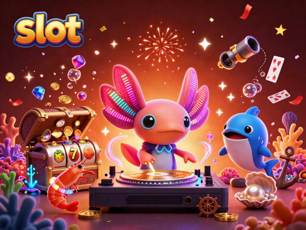 Slot yang menyenangkan dengan karakter DJ axolotl dan simbol beruntung lainnya di lautan.