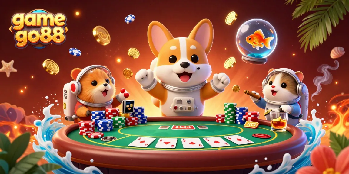 Experience game go88 with the astronaut corgi engaged in a casino adventure amidst flying poker chips.
