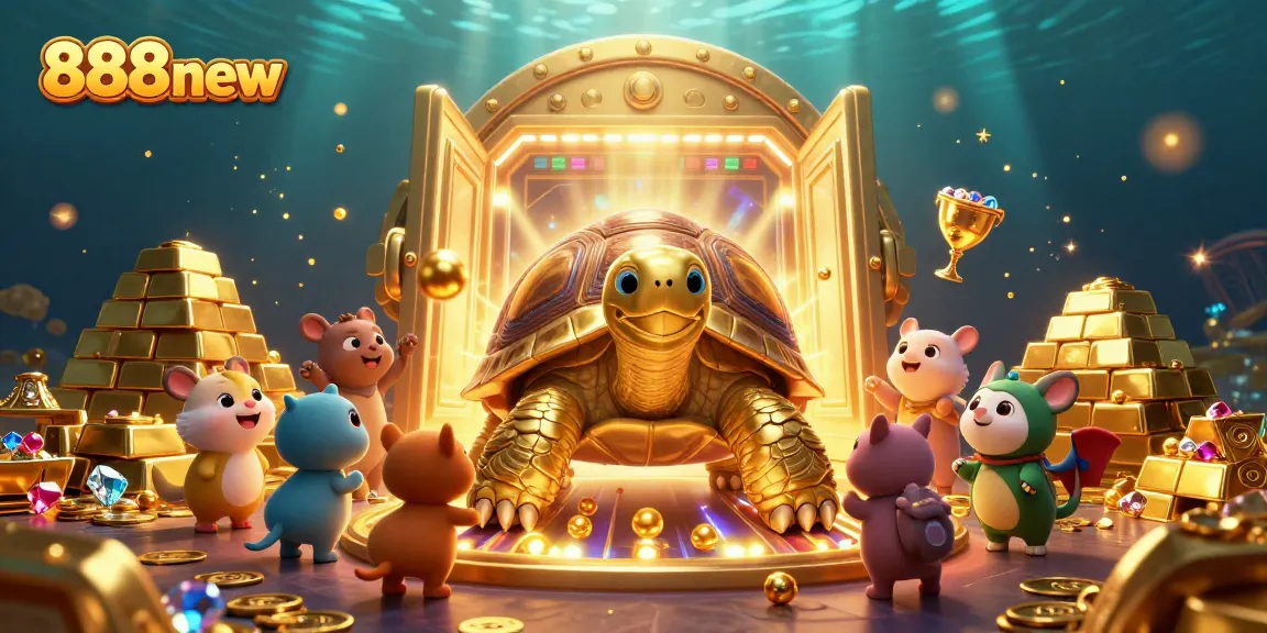 Experience the thrill of winning with 888new in this vibrant 3D illustration of a colossal tortoise, shining gold treasures, and excited players.