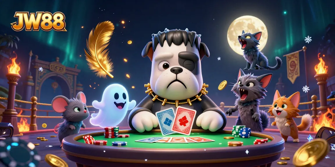 JW88 gaming scene with a cartoon bulldog dealing cards, capturing the excitement and thrill of online gambling.