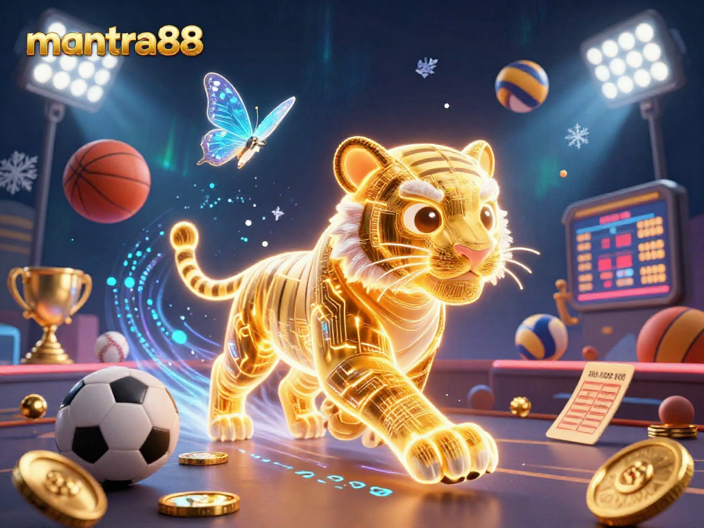 Engage with mantra88's thrilling casino world, featuring a neon golden tiger and dynamic sports elements illuminating the scene.