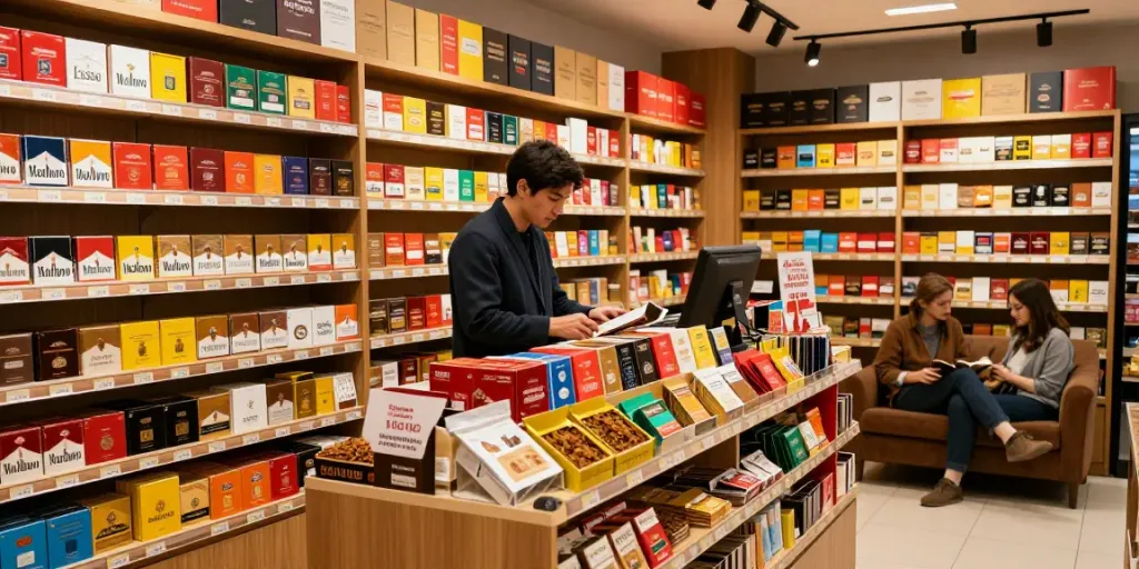 Top smoke cigarettes and tobacco wholesale showcased in a vibrant shop.