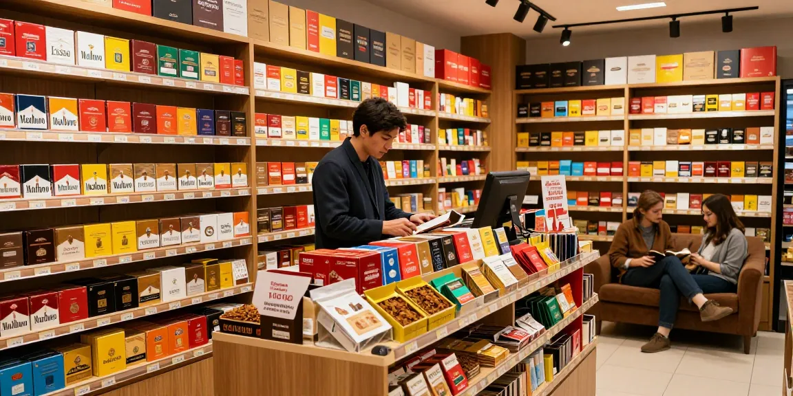 Top smoke cigarettes and tobacco wholesale showcased in a vibrant shop.