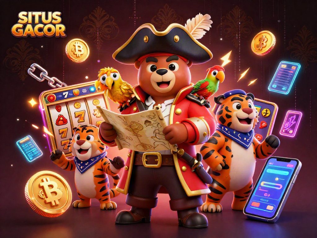 Engage with SITUS GACOR through thrilling slots and vibrant casino elements in a dynamic scene.