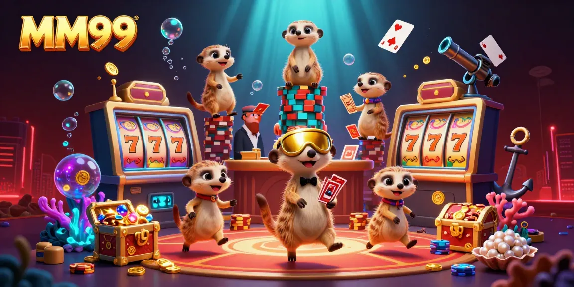 Experience the vibrant casino adventure with MM99's meerkat characters amidst vibrant gaming elements.