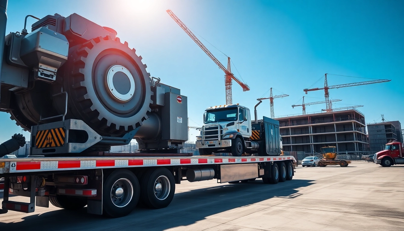 Showcasing equipment transportation, a flatbed truck loads heavy machinery safely at a construction site.