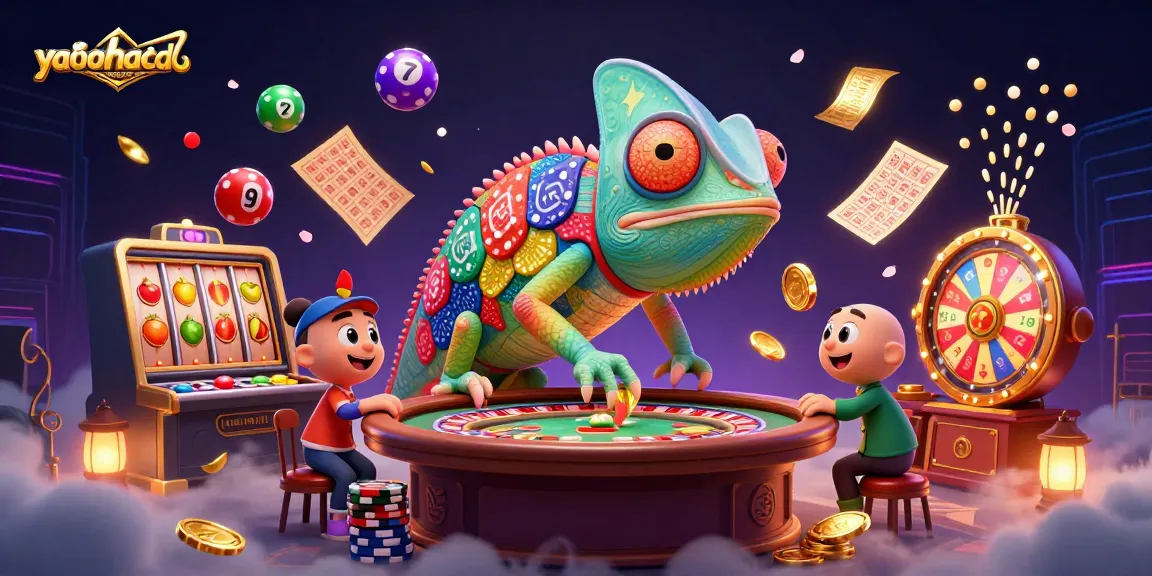 yaohaibiological showcases a vibrant casino scene with a chameleon owner among dynamic slots and winning elements.