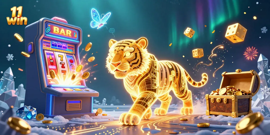 Engage with the dynamic 11 win casino experience featuring a glowing golden tiger amidst slot machine action.