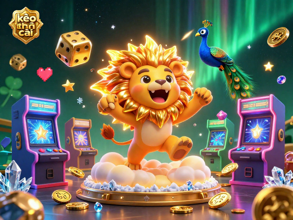 Join the excitement of kèo nhà cái with a vibrant 3D casino scene featuring a roaring sun lion and golden dice.
