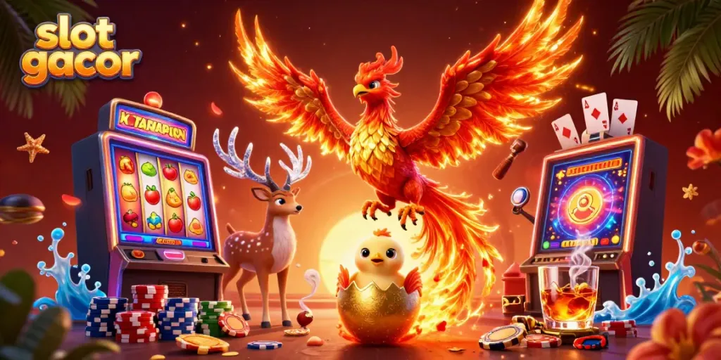 Menggairahkan slot gacor dengan ilustrasi phoenix 3D, simbol buah, dan poker yang megah.