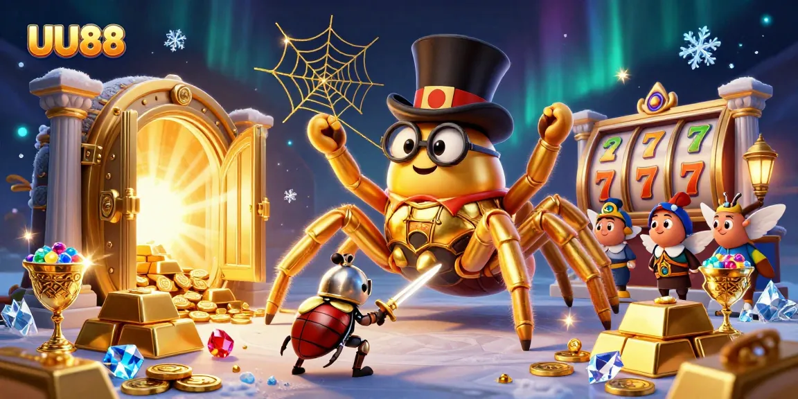 Experience UU88's vibrant casino fantasy with a golden tarantula and beetle knight illustration.