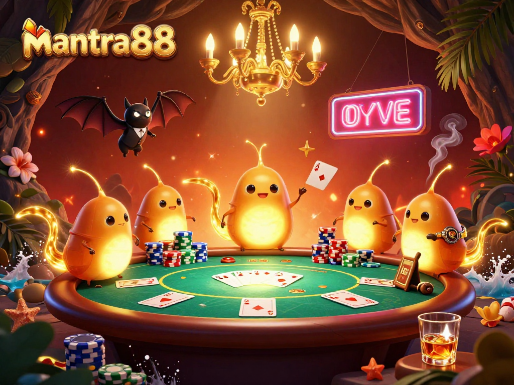 Experience the thrill of mantra88 gaming with vibrant characters lighting up a dynamic card table scene.