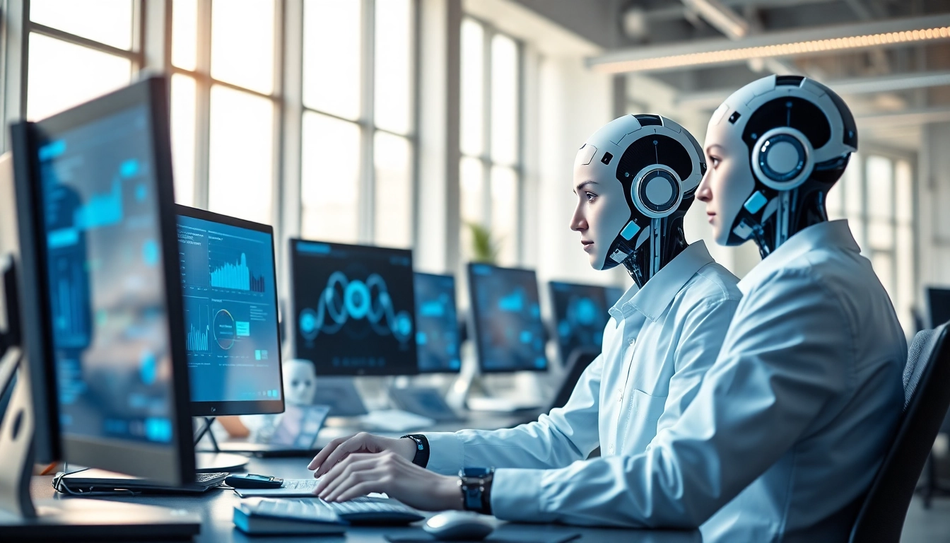 AI agents collaborating in a modern office setting with technology and data displays