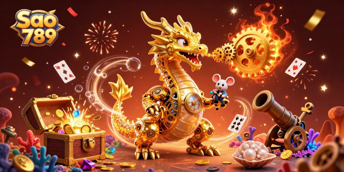 Sao 789 showcases an epic gaming scene with a golden dragon, treasure chests, and magical elements.