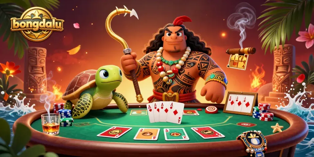 bongdalu showcases an exciting poker scene with a demigod hawk and turtle amidst vibrant casino elements