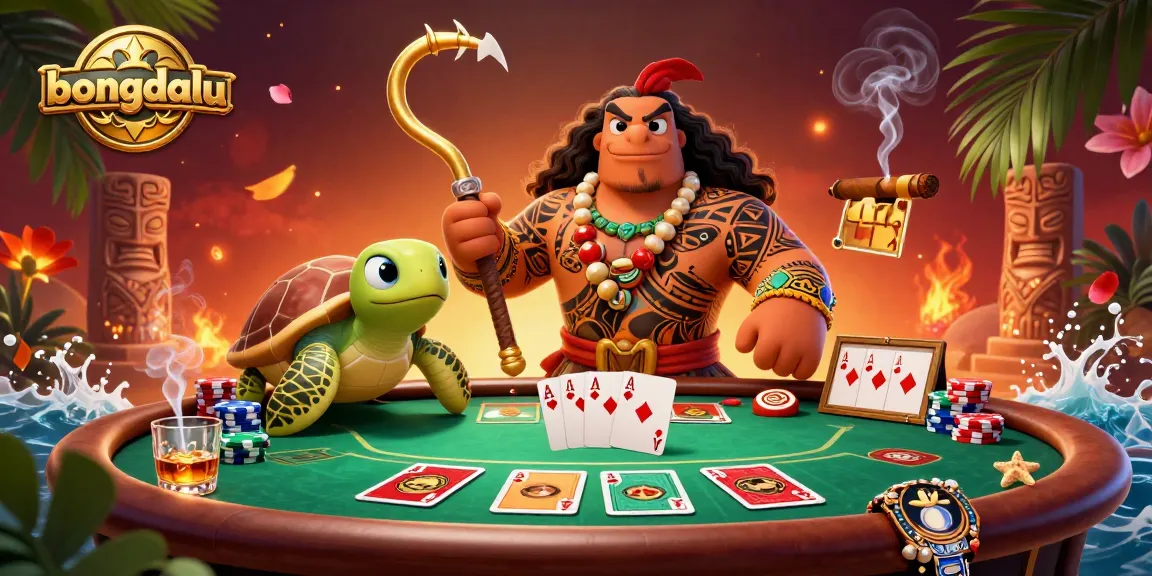 bongdalu showcases an exciting poker scene with a demigod hawk and turtle amidst vibrant casino elements