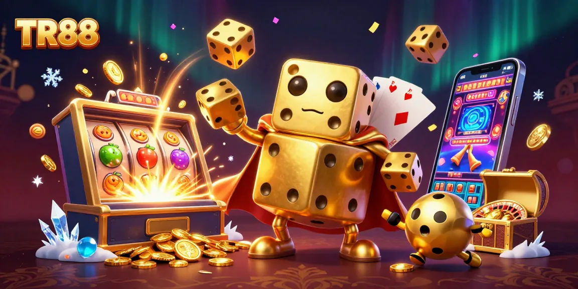 TR88 casino illustration featuring a golden dice golem and slot machine jackpot burst.