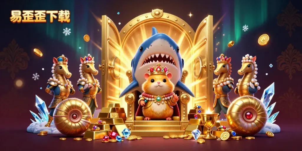 Experience exciting gameplay with 易歪歪下载, featuring a vibrant 3D scene of a hamster king and treasures.