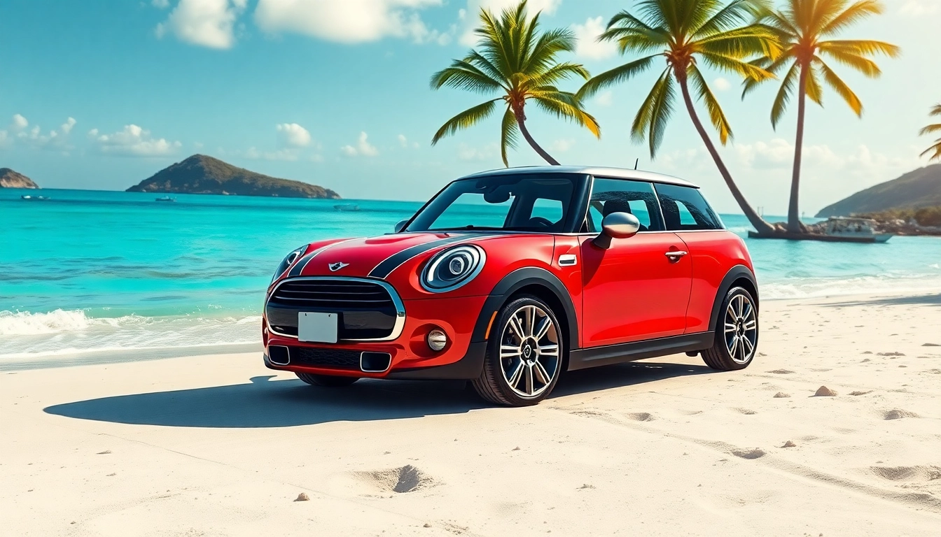 Capture the experience of st barths mini cooper rental with a red Mini Cooper at a stunning beach location.