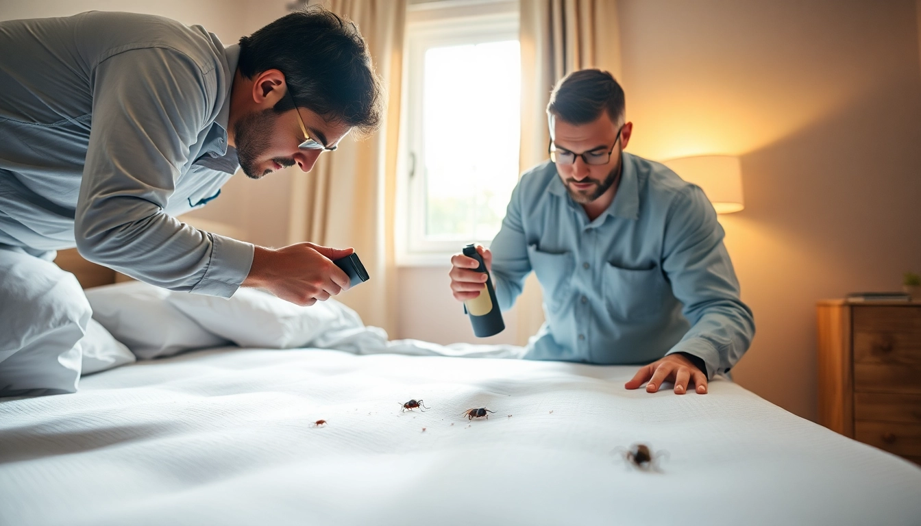 Effectively applying bed bug pest control methods by a professional exterminator in a bedroom.