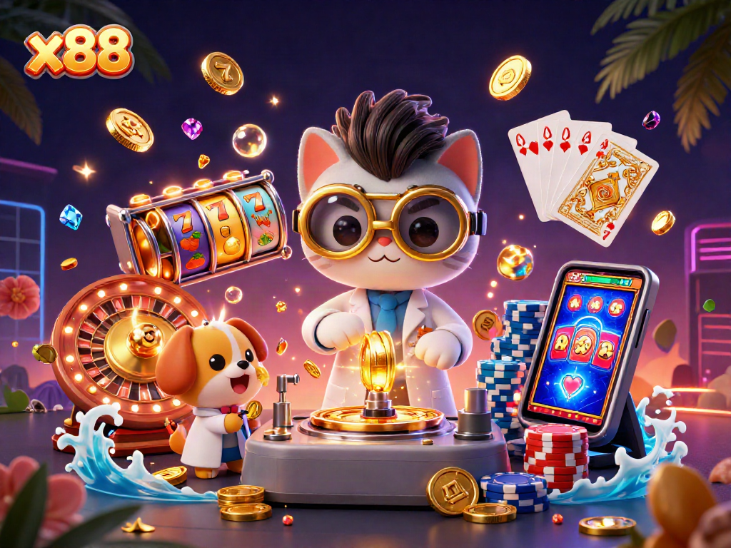 Experience x88 with a dynamic 3D scene featuring a mad scientist cat and dog in an exciting casino lab.