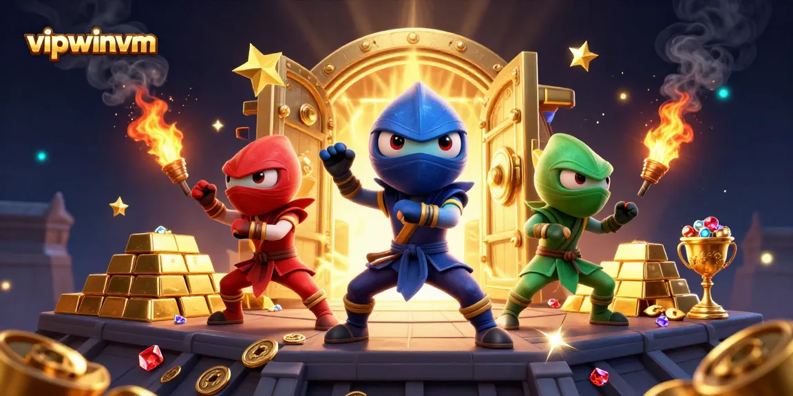 Experience thrilling wins with vipwinvm as ninja chameleons capture golden treasures in this dynamic illustration.