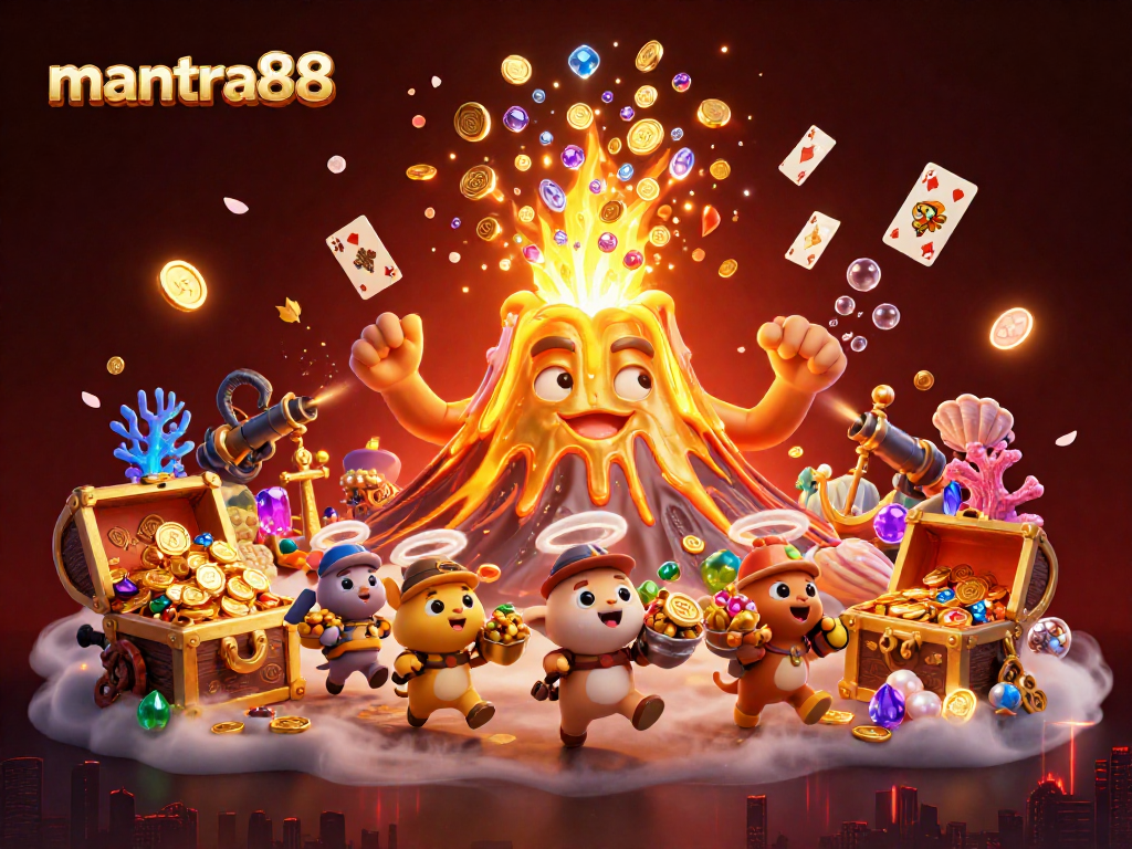Experience the thrill of mantra88 with a dynamic 3D illustration of a golden volcano erupting treasure and adventure.