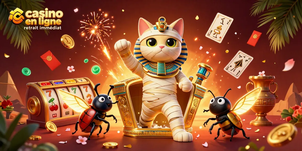 Jouez à casino en ligne retrait immédiat avec un chat momie égyptien captivant dans un décor de casino pyramidal.