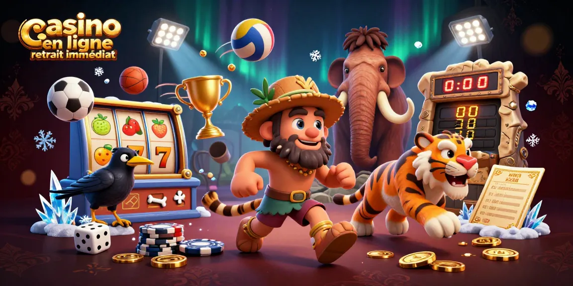 Casino en ligne retrait immédiat avec des personnages de cavemen jouant avec des éléments de jeu et des paillettes dorées.