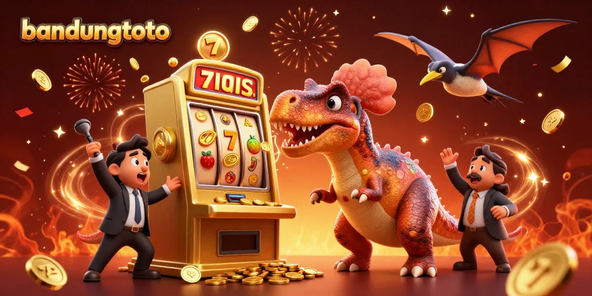 bandungtoto casino scene featuring cartoon dinosaurs playing slots with gold coins and lively elements