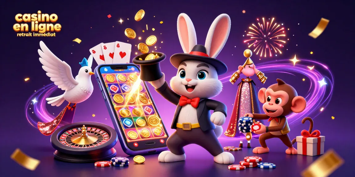 Profitez de jeux de casino en ligne retrait immédiat avec la magie d'une illustration colorée et dynamique.