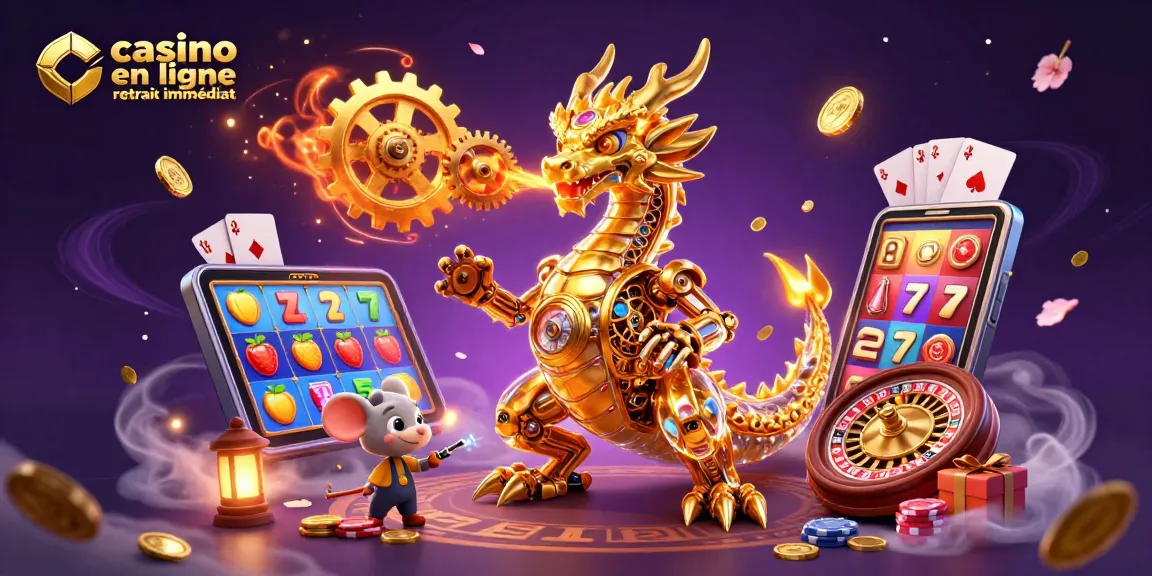 Vivez l'excitation du casino en ligne avec retrait immédiat grâce à un dragon doré et des machines à sous en action.
