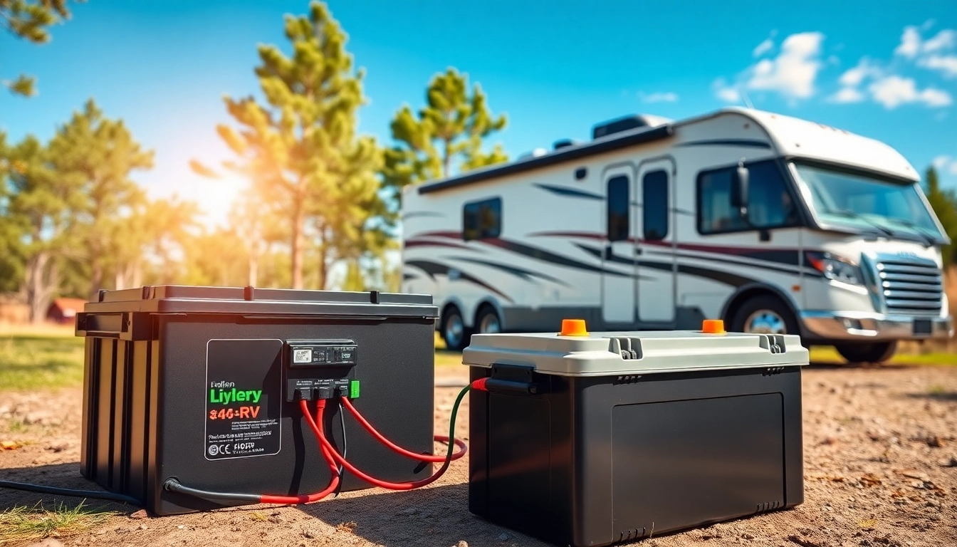 Highlighting lithium RV batteries in a camping setup with an RV in the background.