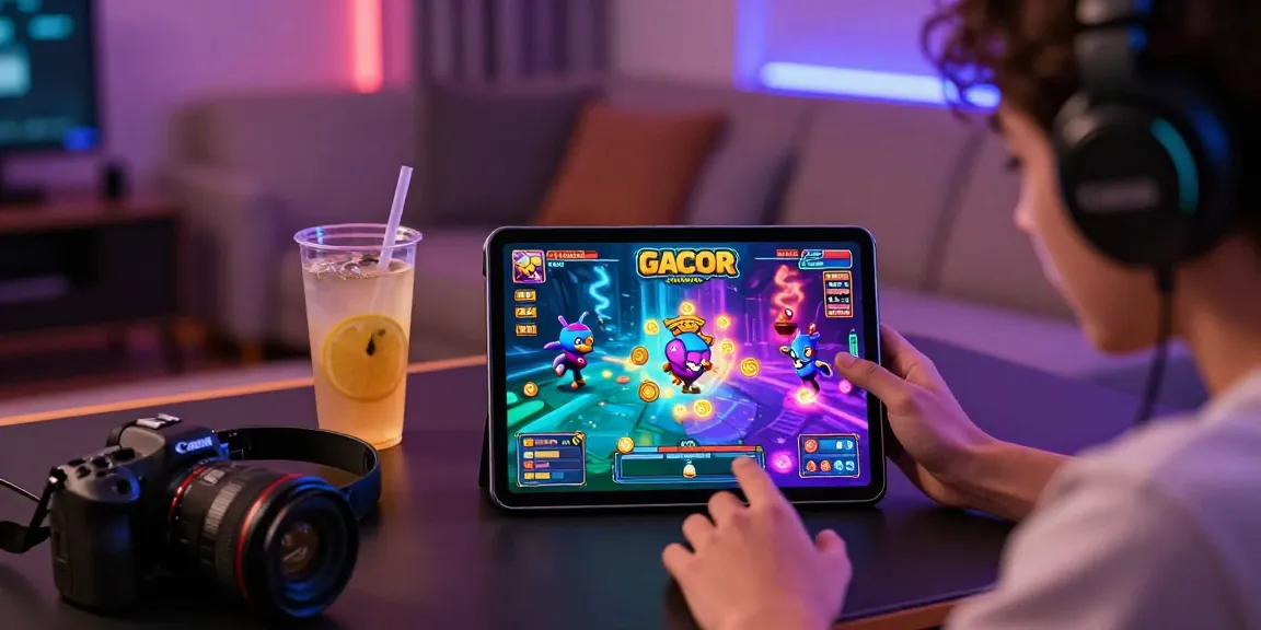 Pengalaman slot gacor yang menarik dengan pemain menikmati permainan slot di tablet pada suasana nyaman.