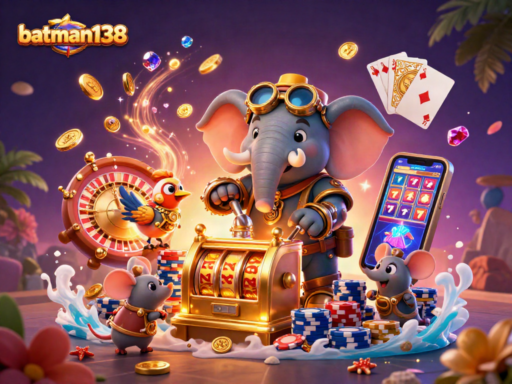 Play slot machines and win with batman138's vibrant casino illustration featuring dynamic gaming elements.